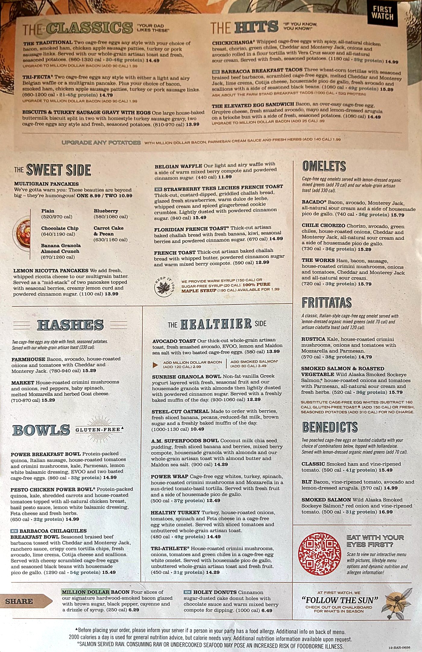 First Watch Jupiter breakfast menu with prices and calories: classics, pancakes, French toast, omelets, frittatas, benedicts, hashes, bowls and healthier options