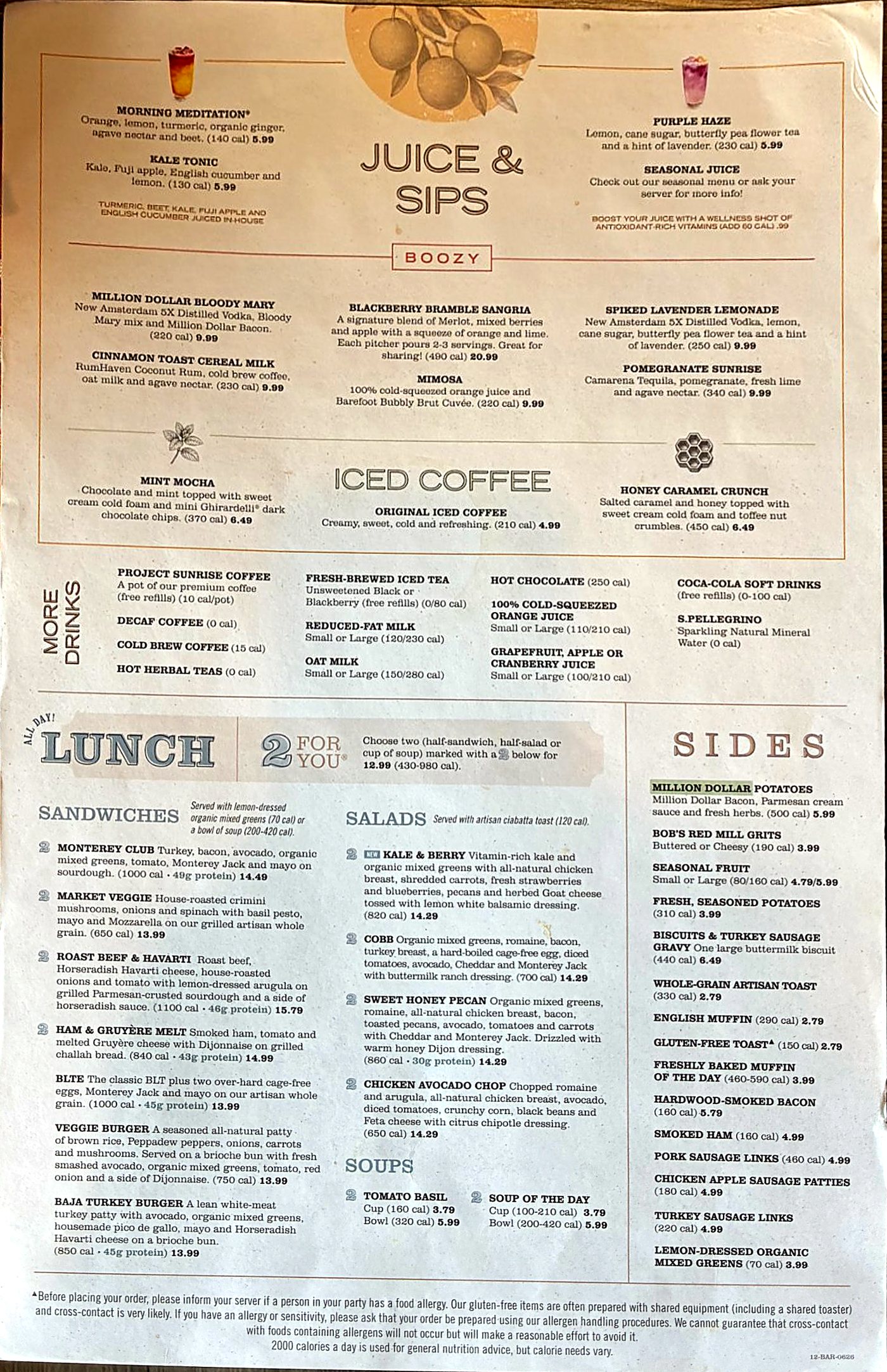 First Watch Jupiter lunch and drinks menu with prices: sandwiches, salads, soups, sides, fresh juices, cocktails and iced coffee