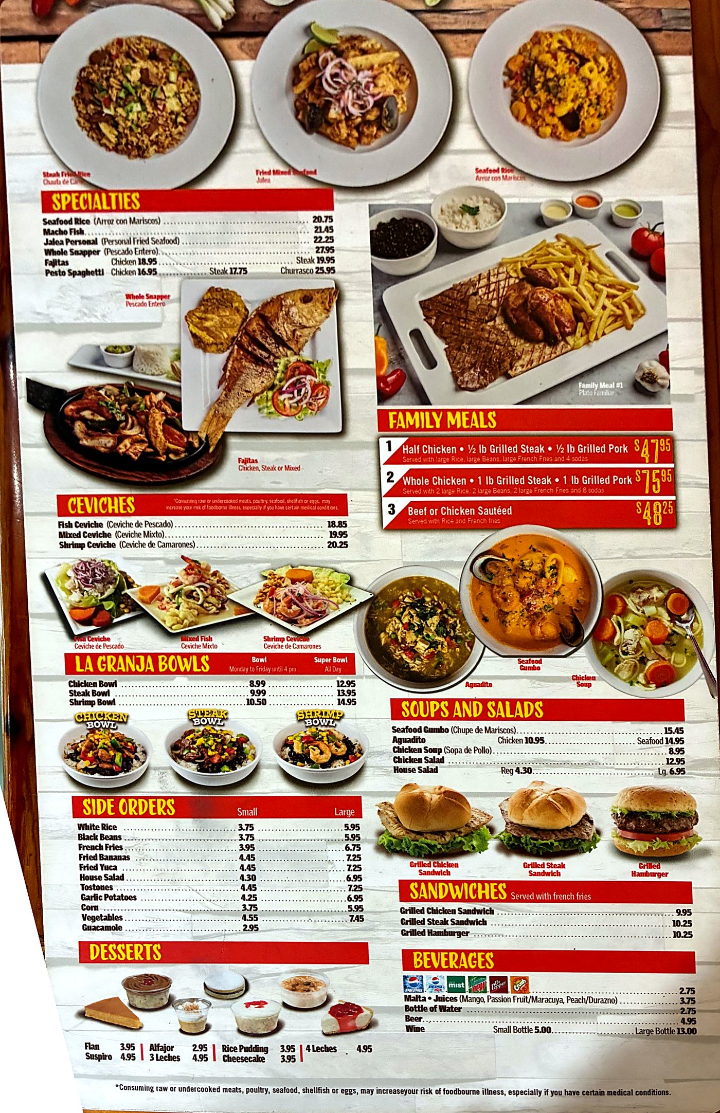 La Granja Palm Beach Gardens menu with prices: seafood specialties, ceviches, family meals, La Granja bowls, soups, salads, sandwiches, sides, desserts and drinks
